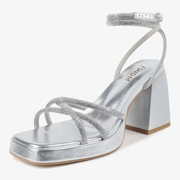 Y2K SILVE LR BLING RHINESTONE PLATFORM CHUNKY HEEL PLATFORM OPEN TOE SANDALS - Picture 1 of 4